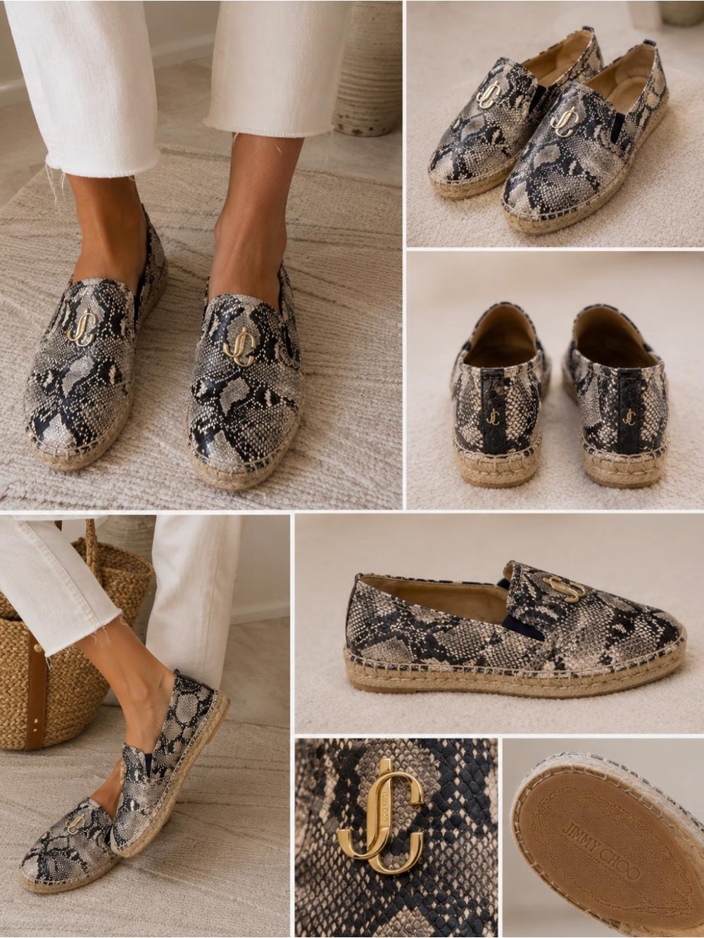 Jimmy Choo Black and Cream Snakeskin Espadrille Slip-Ons
